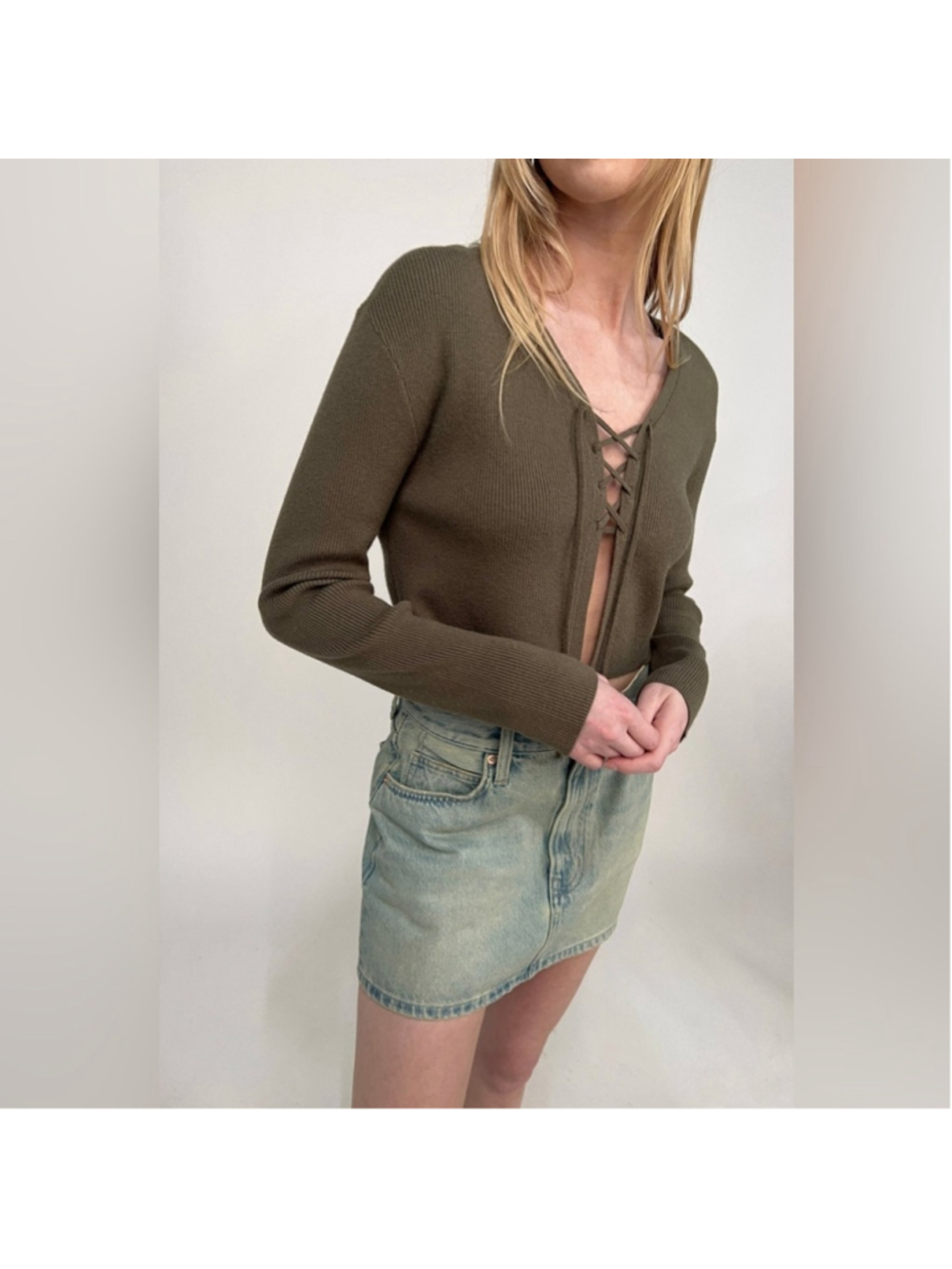 Oak + Fort Cropped Lace Up Cardigan / Kalamata